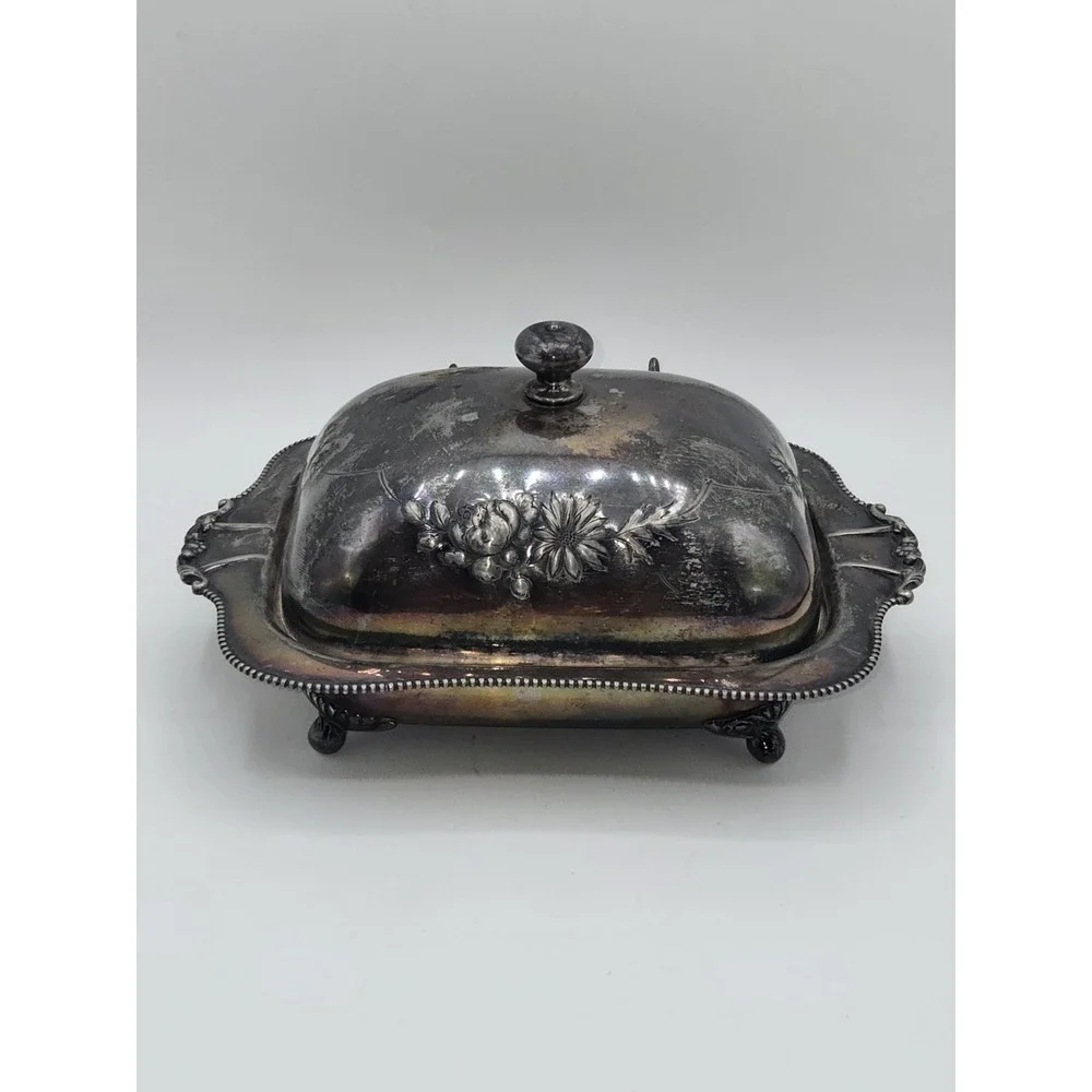 Antique Pairpoint Quadruple Plate Silverplate Covered Butter Dish Floral Lid